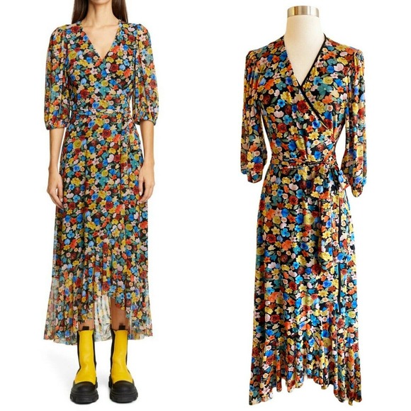 Ganni Dresses & Skirts - GANNI Floral Wrap Midi Dress Mesh Belt 40 Med NWT